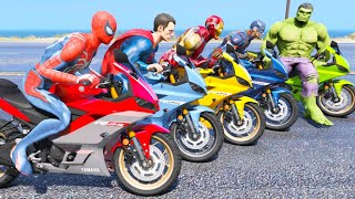 Spiderman Motorcycles with Superheroes - Falling Fireball Challenge