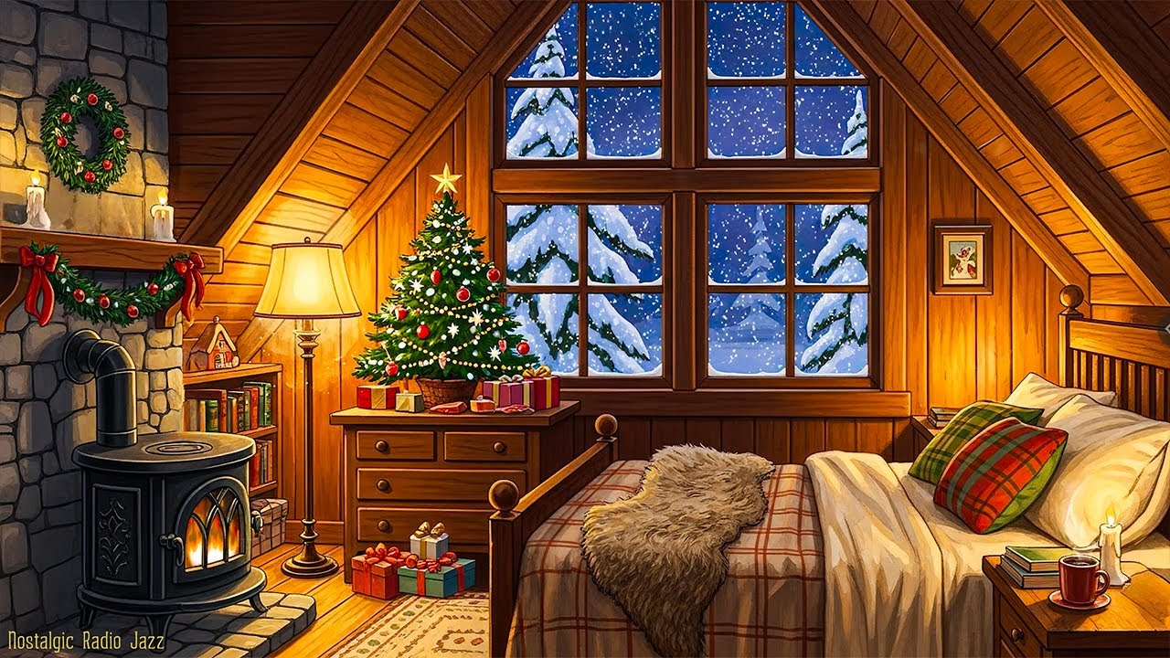 warm christmas bedroom ambience & crackling fireplace🎄oldies playing in another room for sleep