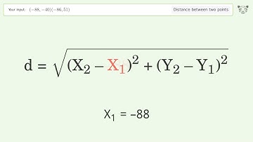 Find the distance between two points p1 (-88,-40) and p2 (-86,51): Step-by-Step Video Solution