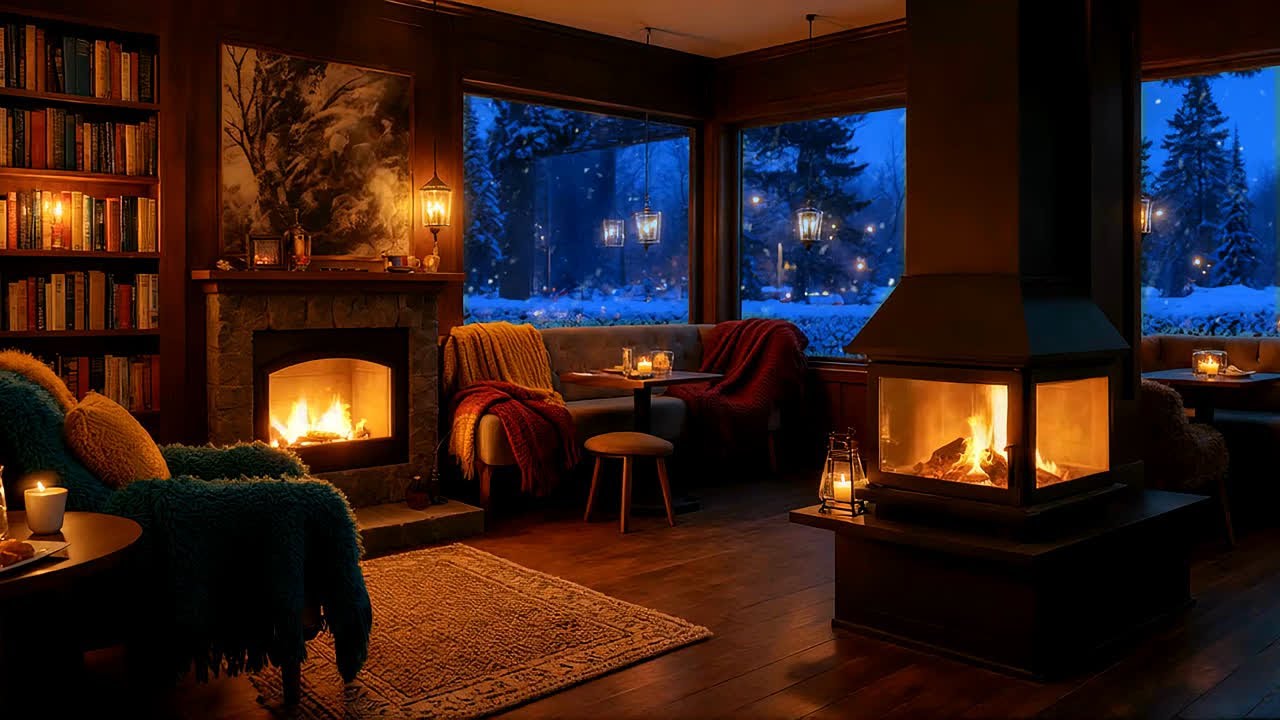 Quiet Winter Evening Cabin Ambience - Soft Fireplace Glow, Cozy Sofa and Peaceful Night Snow 04
