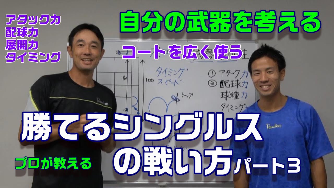 【テニスレッスン】プロが教えるシングルスの勝ち方　自分の武器を考える　コートを広く使う　アタック　配球　展開　タイミング