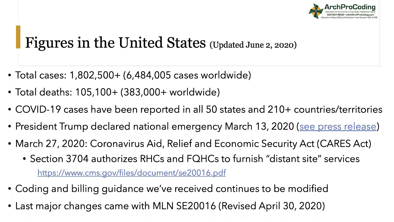 BILLING & CODING FOR COVID-19:REPORTING CORONAVIRUS RELATED SERVICES INCLUDING TELE