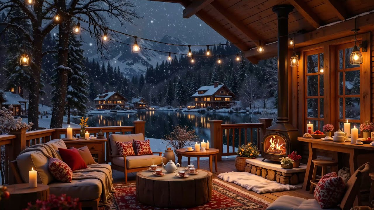 Winter Cabin Piano ️ Cozy Cabin Fireplace & Snowy Lake View for ...