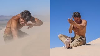 Friction Fire Challenge in Windy Desert Sand Dunes