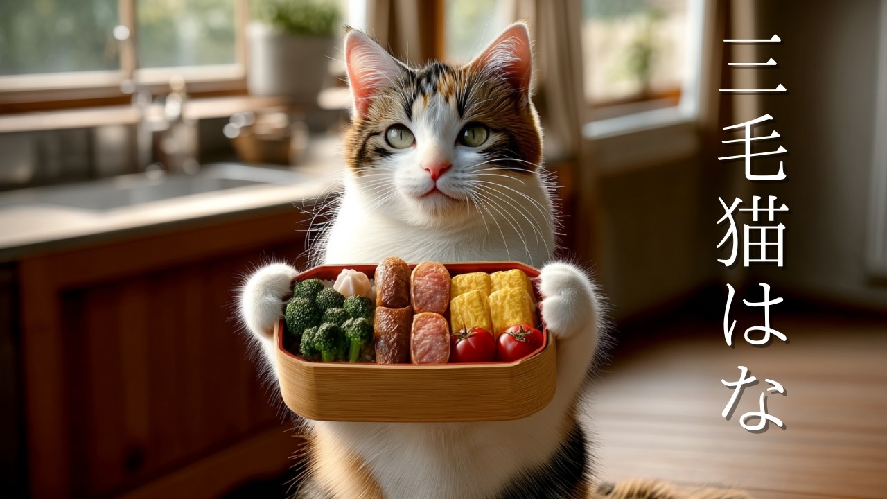 三毛猫♡仲良しひよこ♡コタツ大好き Working Cat] Long time no see. Calico cat Hana makes a bento lunch