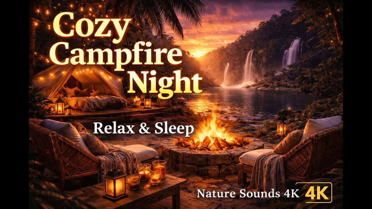 Cozy Jungle Campfire by the Waterfall | Crackling Fire & Nature Sounds for Sleep and Relaxation | 4K