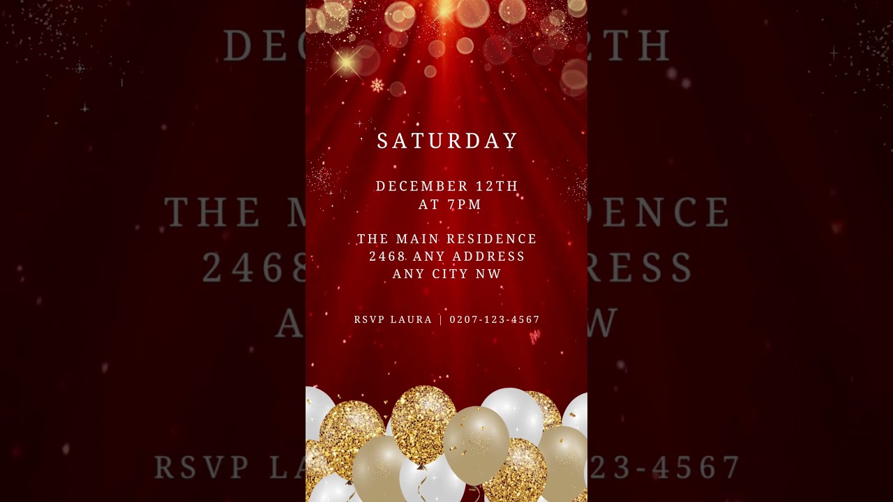 Animated Red Gold Glitter Balloons Sparkle Christmas Party Video Invite by URCordiallyInvited