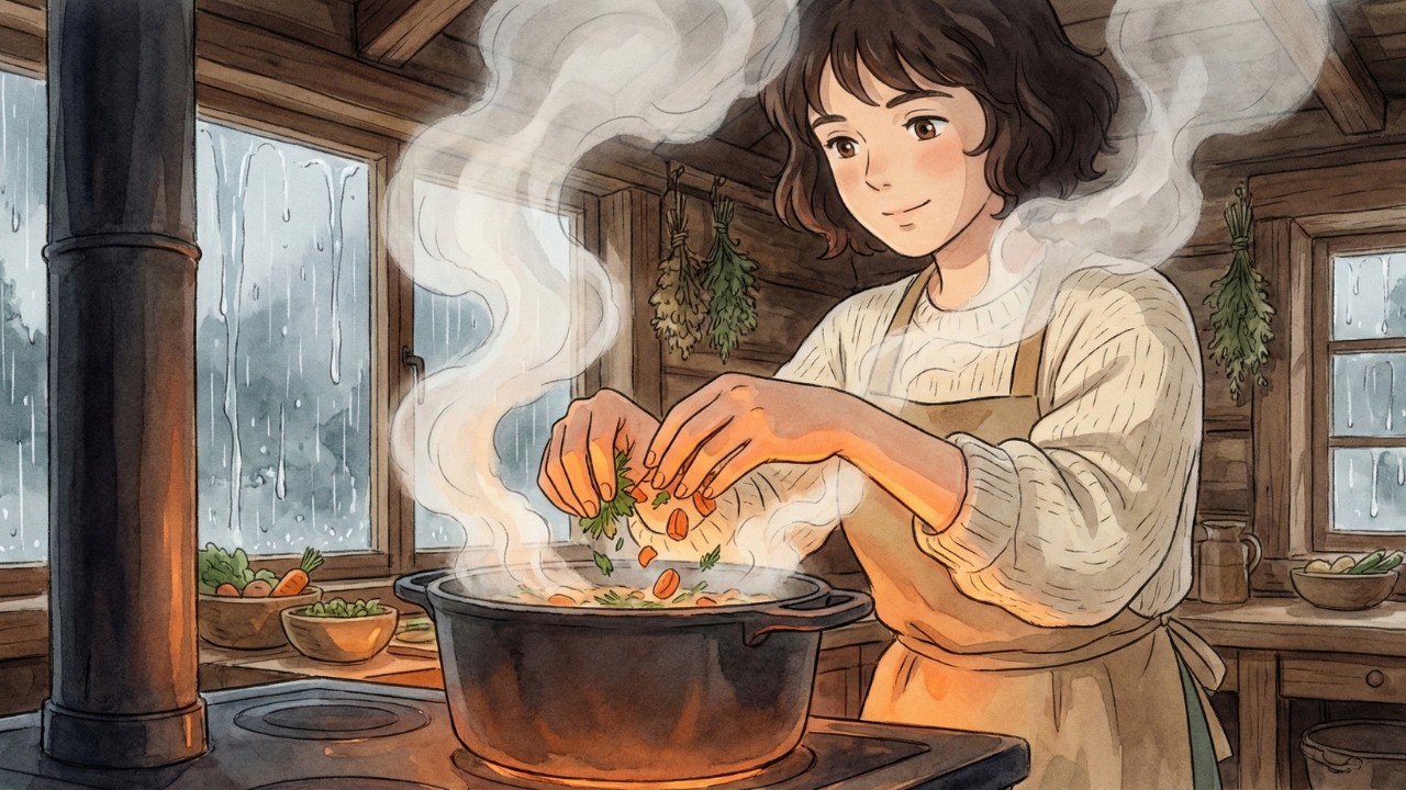 Cooking Warm Soup 🍲 in a Mountain Cabin During a Storm 🌧️ | Ghibli-Style Peaceful ASMR