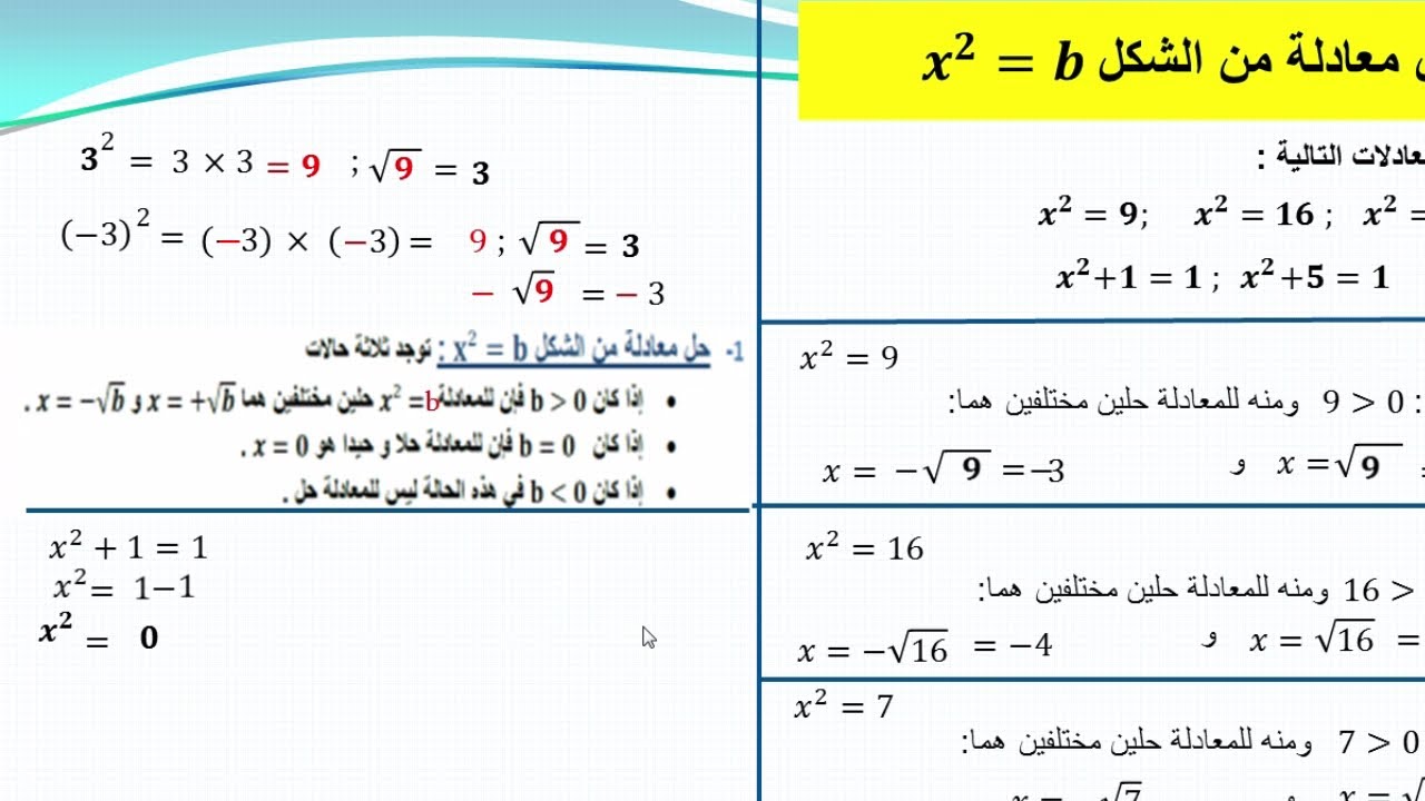 حل معادلات لسنة رابعة متوسط من الشكل x^2=b