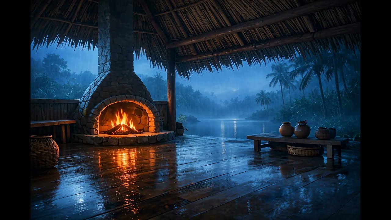 Sleep Music | Maya Thatch Hut Fireplace & Rain | 10 Hours 🌙 (4K)
