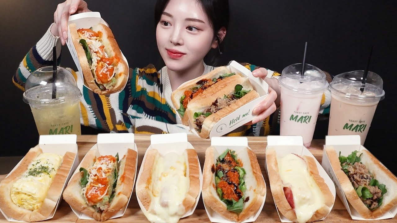 SUB)폭신달달 계란듬뿍! 베이컨치즈토스트에 핫불고기 샌드위치 먹방 딸기라떼까지 디저트 꿀조합 리얼사운드 Bacon Cheese Toast Dessert Mukbang Asmr