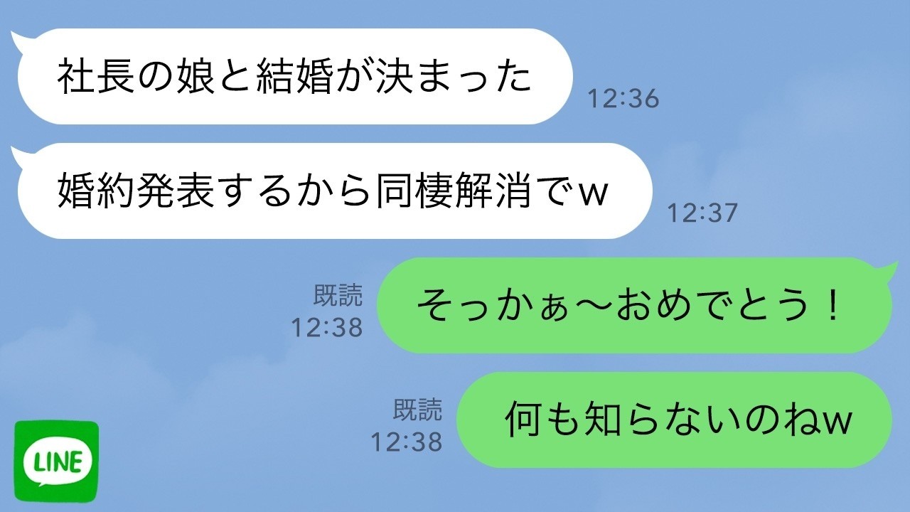 【LINE】いきなり婚約報告してきた同棲中の彼氏「出世のために社長令嬢と結婚するからバイバイw」→その後、彼が発狂した理由が…w