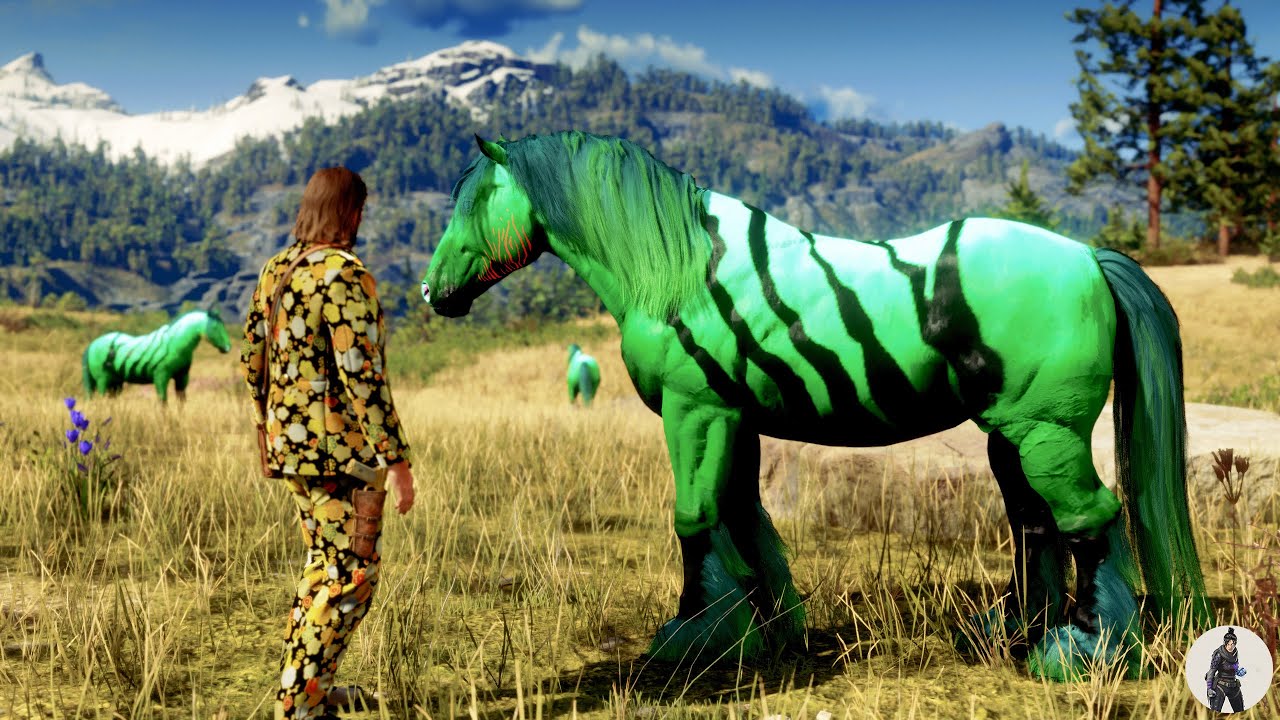 Arthur Morgan Tames Vibrant Black & Green Horse with Unique Face Markings on the Mountain 🐎🟢🌄