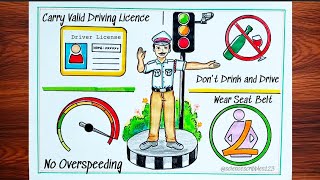 Road Safety Drawing | Traffic Rules Poster | Road Safety Poster Drawing|How to Draw Traffic Police