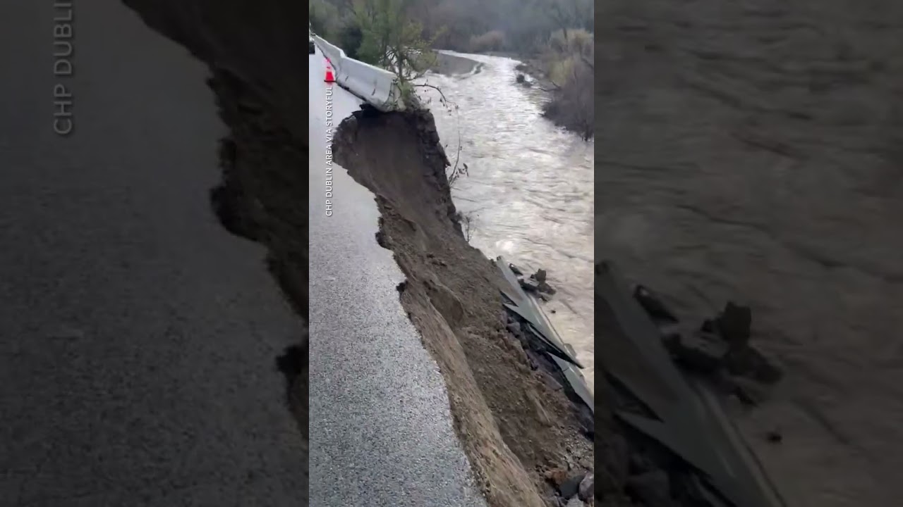 Watch: Roads flood and crumble as heavy rains hit California #Shorts