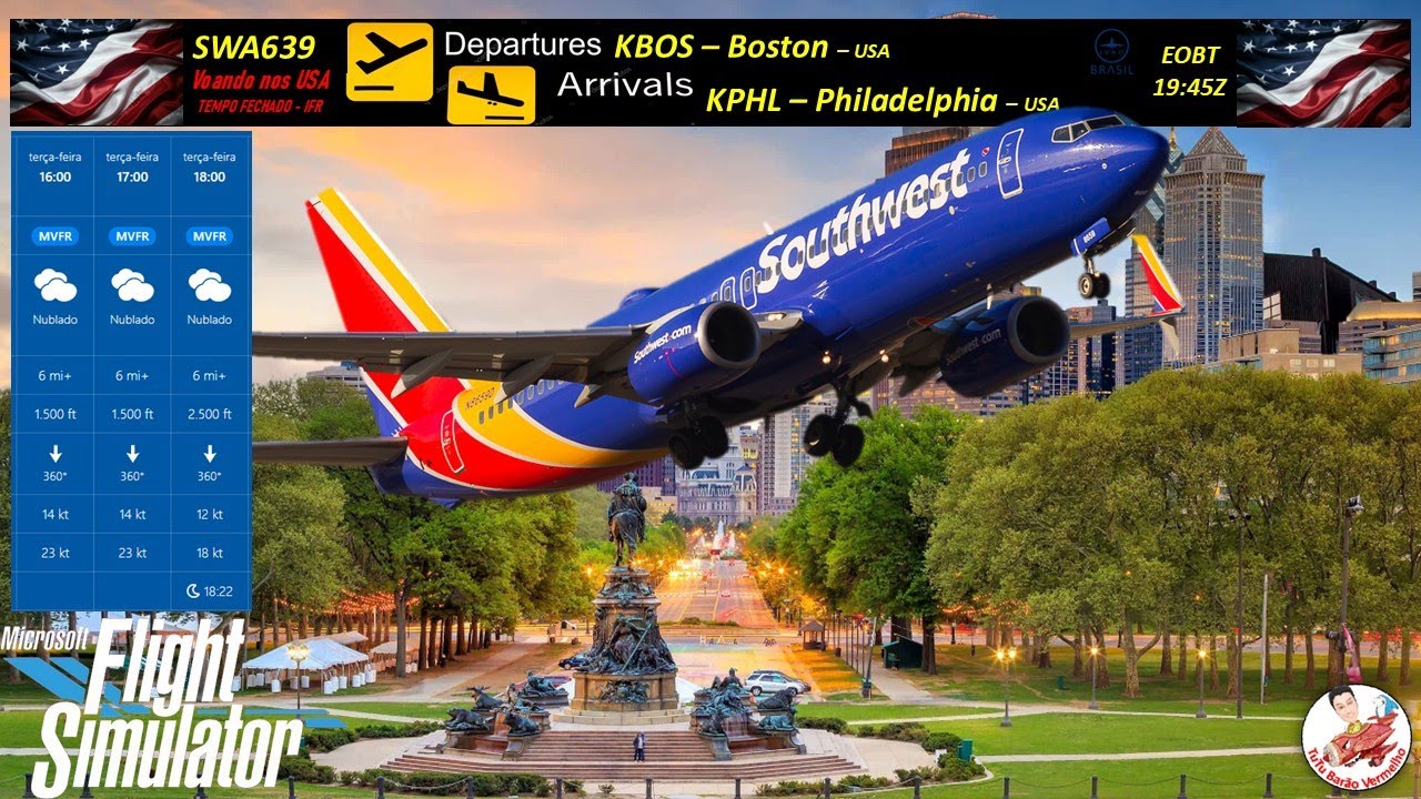 FS2020 | VOANDO NOS USA | TEMPO FECHADO | VOO COMPLETO | IFR | SWA639 | B738NG | KBOS - KPHL |IVAO|