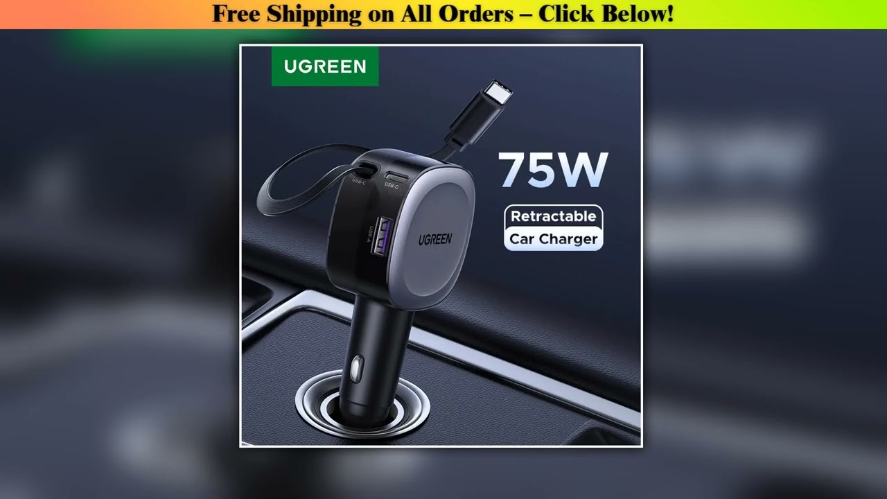 UGREEN 75W Car Charger 2 in 1 Retractable Cable SCP 25W QC PD 30W Fast Car Phone Charger For iPad