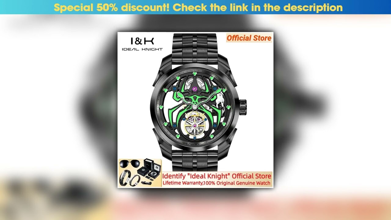 Discount IDEAL KNIGHT NO:6802 Real Tourbillon Watch for Men Luminous Spider Skeleton Black Steel Au
