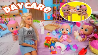 Cry babies baby dolls Daycare Routine mini daycare with Barbie doll