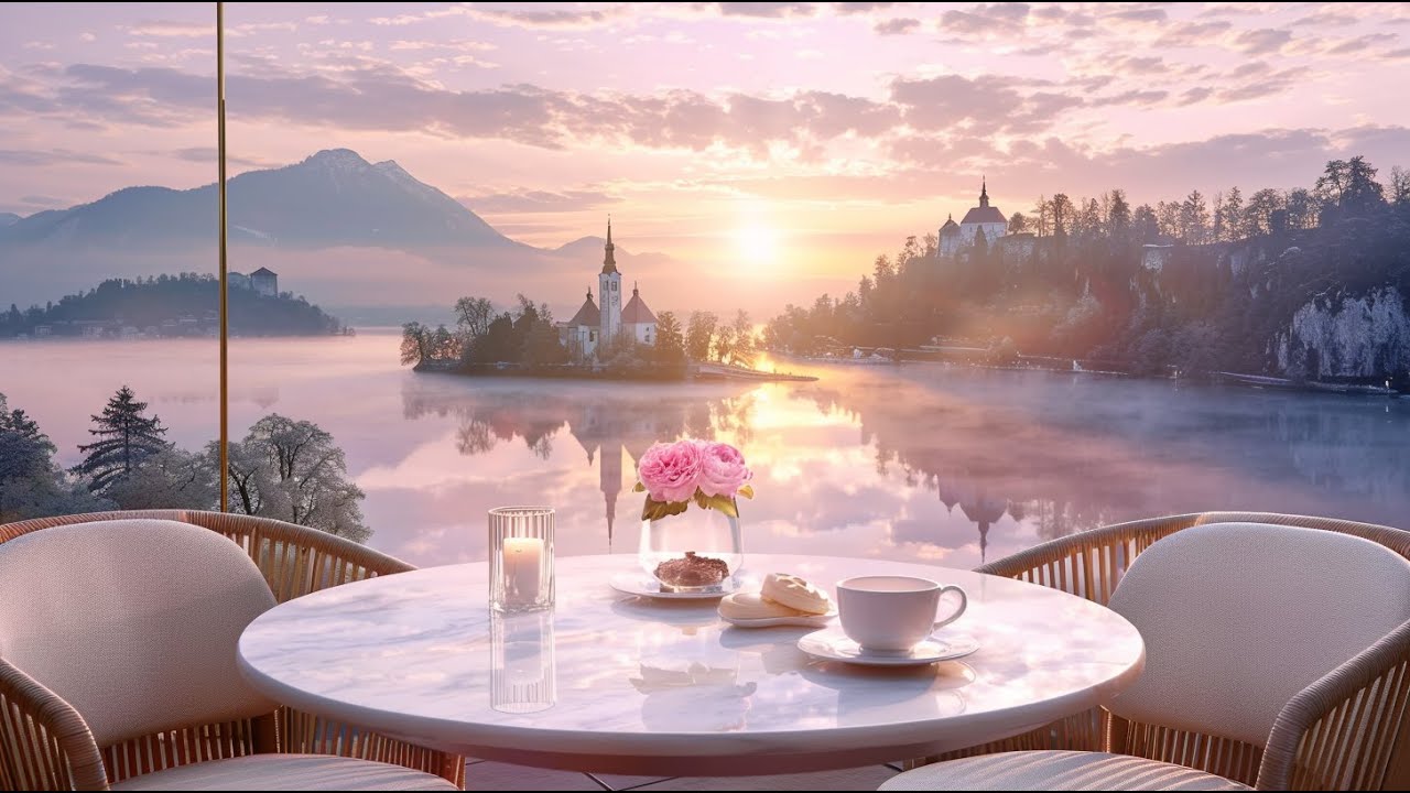 Lake Bled Sunrise in Winter | Soft Pink Morning & Luxury Café Terrace View  🌸