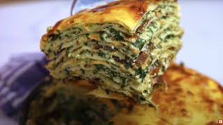 You'll make this over and over!  Savory crepe pie with two cheeses and spinach!