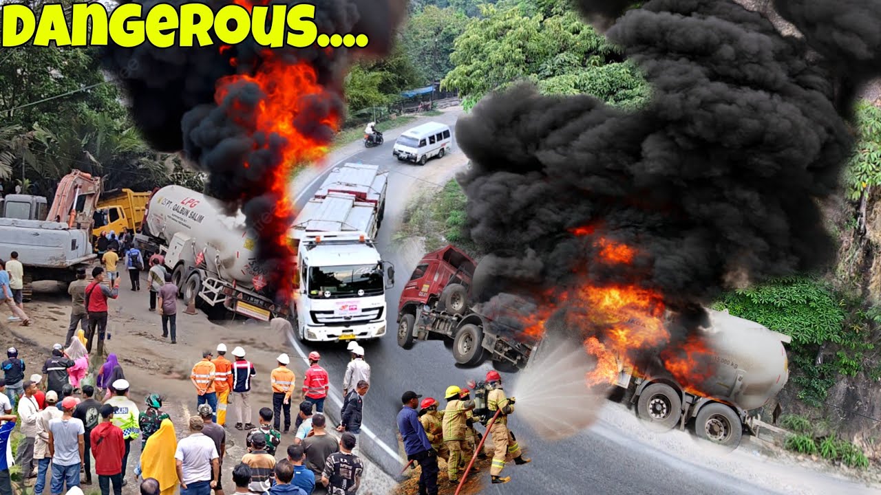 BAHAYA MELEDAK❗DETIK-DETIK TRUK TRAILER MUATAN GAS TERPURUK,TRUK & BUS NYARIS TABRAKAN DI NABUNDONG