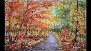 Painting Colorful  Autumn Forest with Watercolor : 단풍 나무길 그리기 , 가을 숲길 그리기 ,가을 풍경 그리기