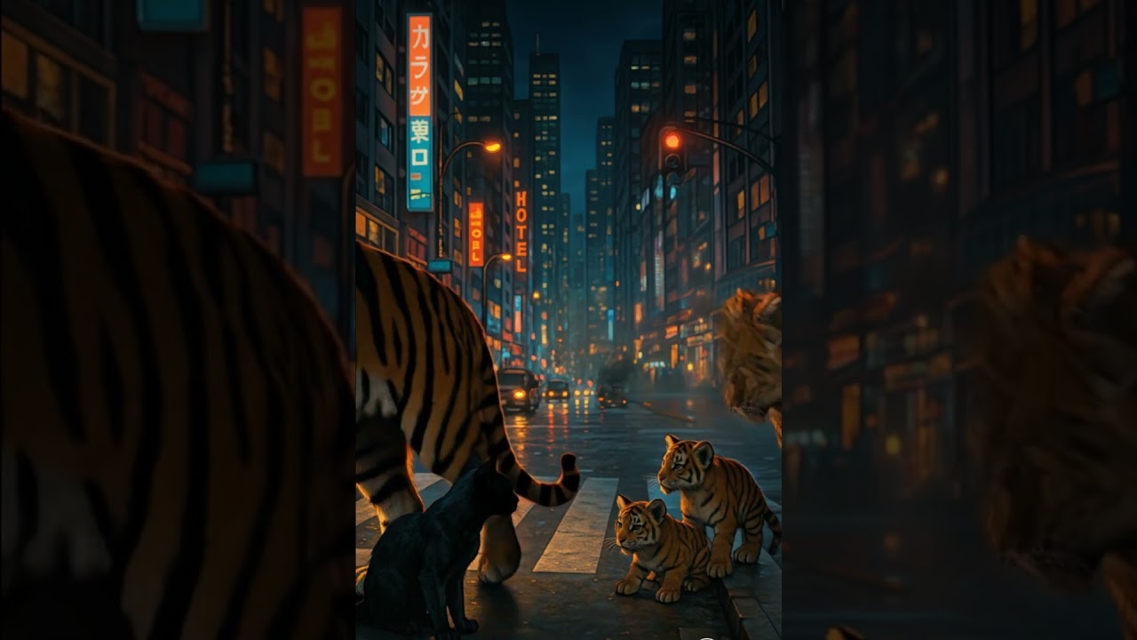 🐱 Cat Meets Tiger Family at the Crosswalk | Surreal City Encounter