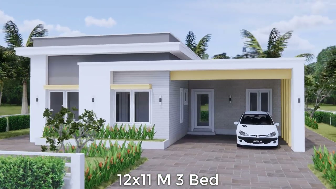 House Design 3d 12x11 Meter 3 Bedrooms Slap roof
