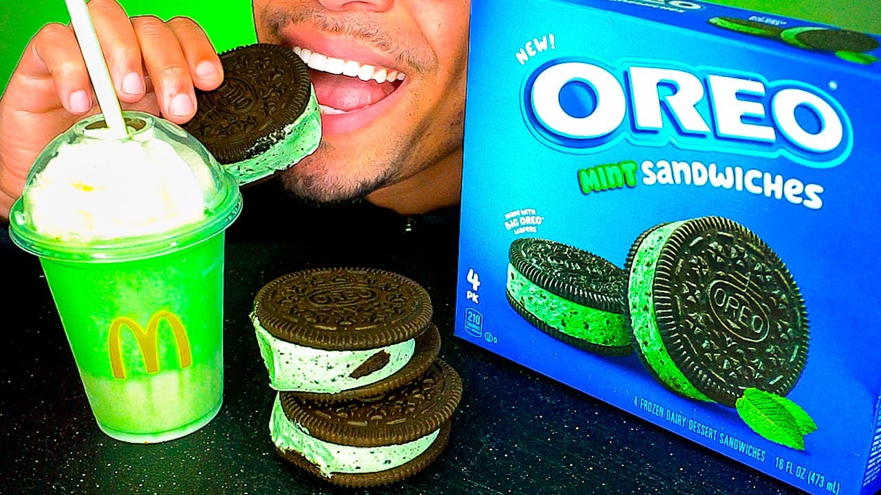 MCDONALD’S OREO MINT SANDWICHES MILKSHAKE MUKBANG CHALLENGE EATING SOUNDS SWEETS CANDY ASMR