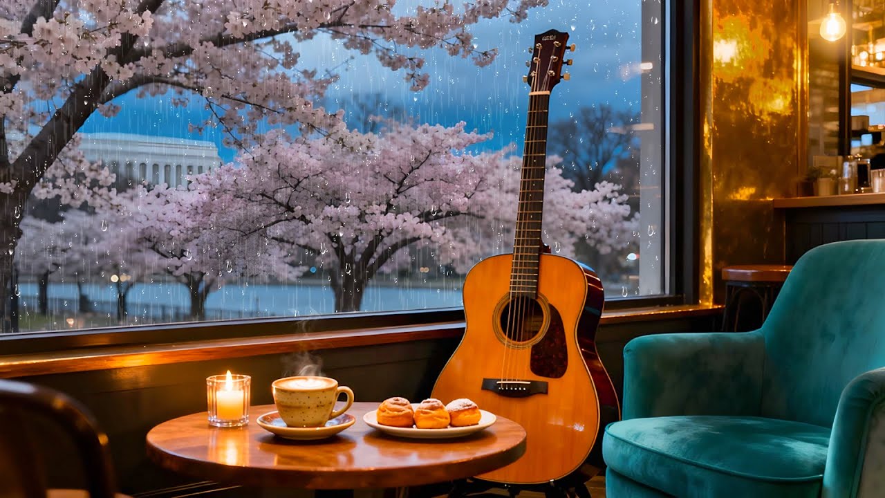 Coffee Shop Acoustic Guitar ☕ Focus Music with Soft Spring Rain Sounds for Reading & Concentration