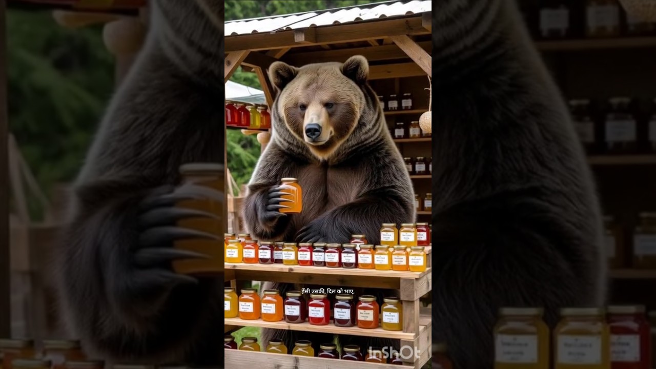 a anthropomorphic grizzly selling honey on a DIY stall🐻