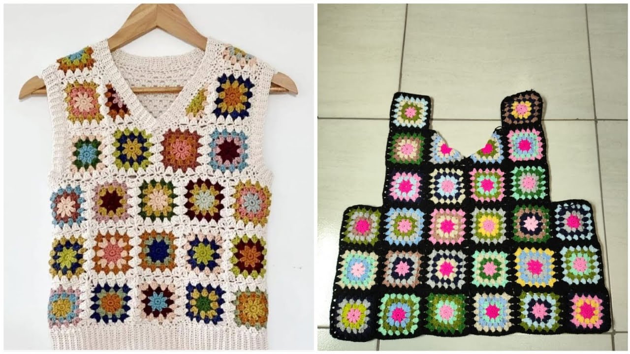 Colete de crochê gola V, com Square.Fácil de fazer Parte1