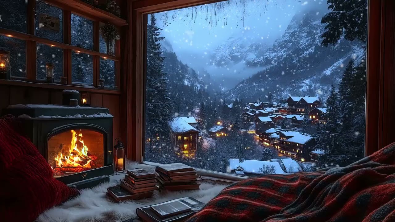 Soft Snowfall Outside, Crackling Fire Within |Cozy Winter Cabin Ambience for Stress Relief and Sleep