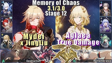 E0 Mydei x Jingliu & E0 Aglaea True Damage | 3.1/3.0 Memory of Chaos 12 3 Stars | Honkai: Star Rail