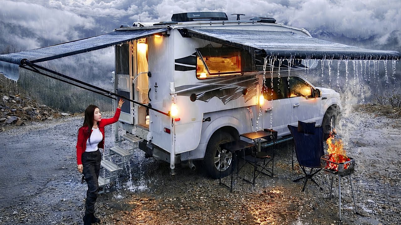 Кемпинг под дождем в роскошном автоматическом автодоме на базе пикапа | Непрерывный дождь ASMR