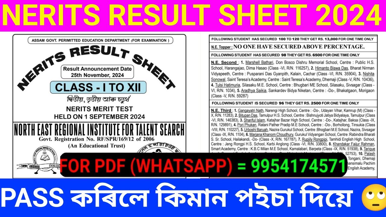 NERITS EXAM CLASS 1-12 RESULT SHEET 2024.North East regional institute for talent search exam Result