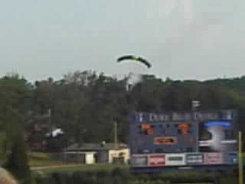 This clip will soon appear on TruTV's "The Smoking Gun Presents." Two skydivers landed in Duke's Wallace Wade stadium before the Duke - James Madison University (JMU) by accident on 8/30/08. The duo was supposed to land nine miles away in UNC's Kenan Stadium. Due to cloud cover, the pilot had cancelled the jump, but changed his mind when the clouds broke, and the skydivers jumped to the stadium. Unfortunately, they were over the wrong stadium. Duke officials were NOT expecting ANY skydivers. Players were still warming up on the field. Fortunately, none of the players were injured, and the skydivers landed safely. One was supposed to deploy a UNC flag as he entered the stadium. Luckily for him, he thought better of it.