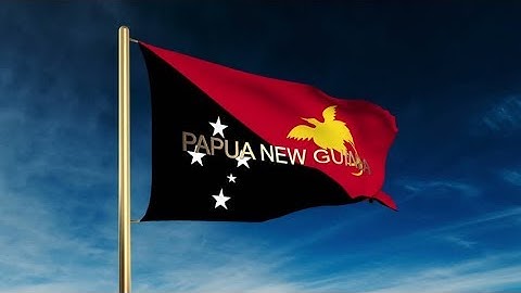 4K Papua New Guinea flag slider style with title. Waving in the wind with cloud background