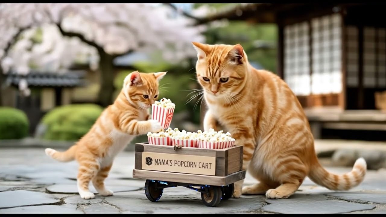 Mama Cat Makes pop corn  to Earn Money for Kitten's New bike! _ Mama Cat Cooking & Heartwarming