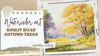 Sunlit Road and Autumn Trees - Watercolor Art Painting