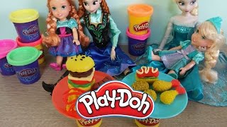 Play Doh Burger Set Hamburger Hot Dog French Fries Shrimp Elsa & Anna Dolls