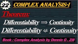 Lec#22||Theorem:Differentiability implies Continuity but converse is not true||Complex Analysis