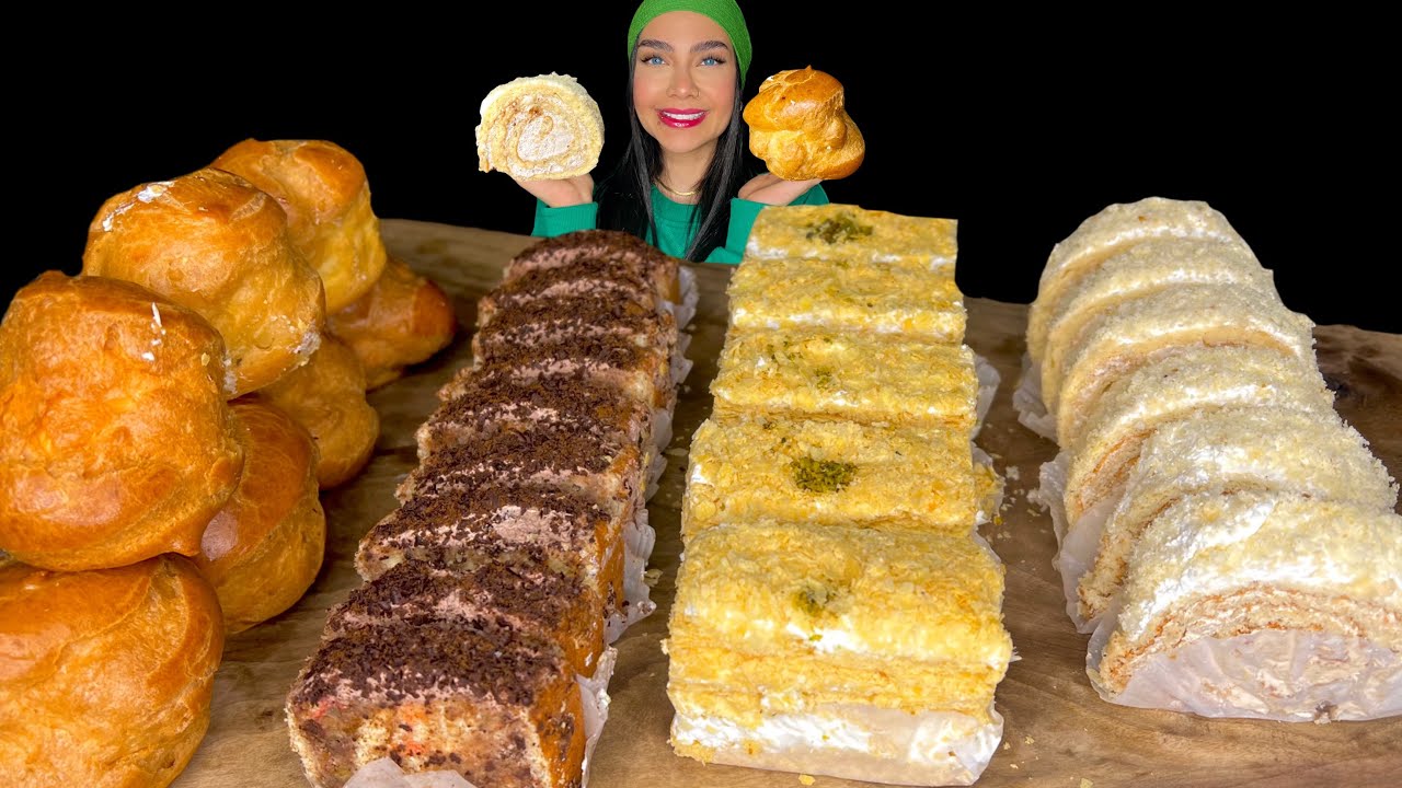 MUKBANG ASMR CREAMY PASTRY, SWISS ROLL, NAPOLEN,CREAMY CAKE🍰موکبانگ کیک خامه ای، نون خامه ای، رولت،