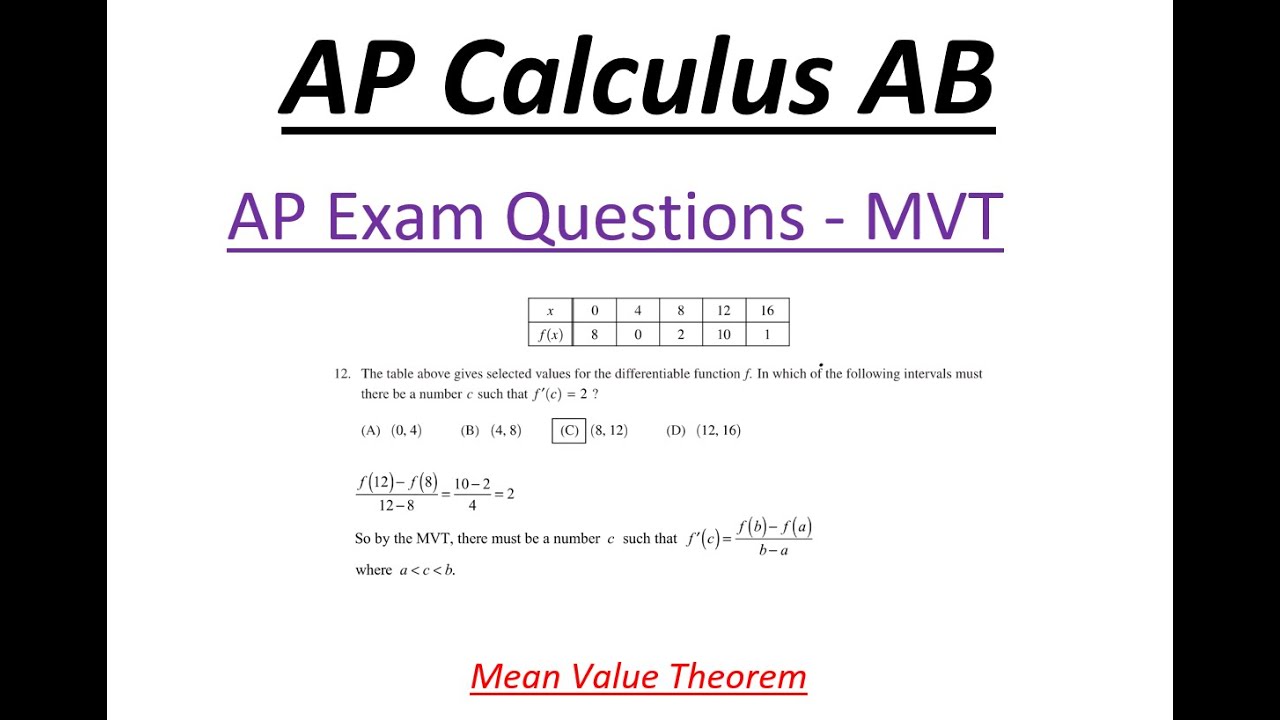 AP Calculus AB Practice Exam Questions Mean Value Theorem YouTube