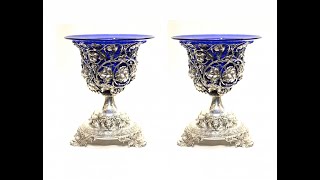 Pair English Silver Plate Glass Urns Repousse Bristol