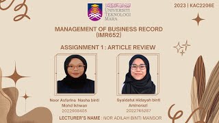 IMR 652 | ASSIGNMENT 1: ARTICLE REVIEW