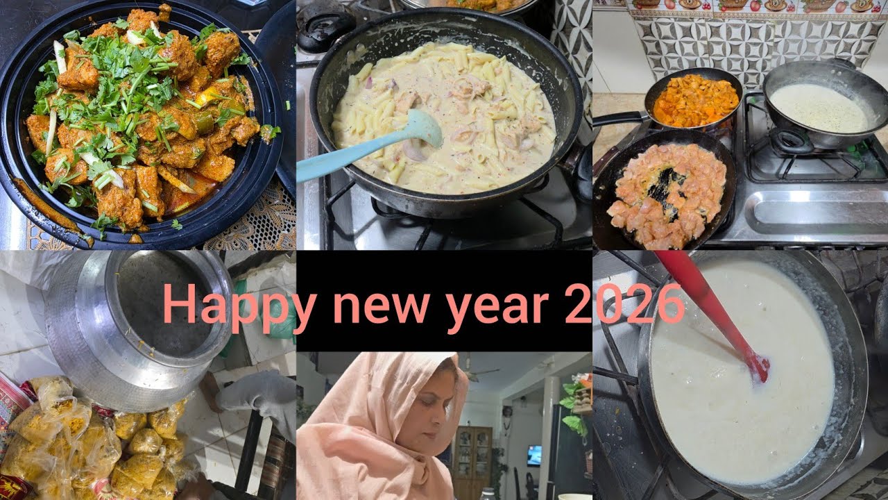 Happy new year 🎉//logon main khana banta// chicken  chetkhara/white sauce  pasta/kheer new year  dis