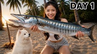 Surviving Alone on a Desert Island: No Fire, Water, or Food, Only a Small Knife and a Puppy - Day 1
