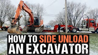 How to Unload an Excavator off the Side of a Lowboy Trailer in less than 3 Minutes | Hitachi 200 LC